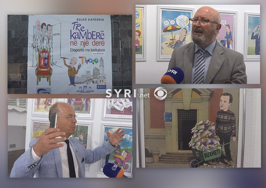 VIDEO/ ‘Tre kamberë në një derë’, ekspozita me karikaturat satirike të Kapexhiut