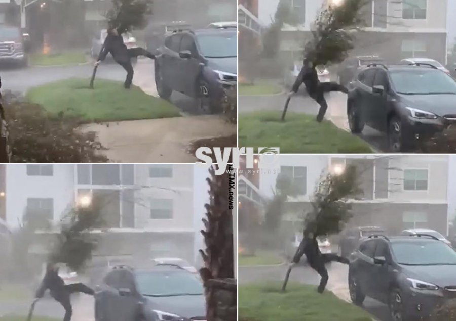 VIDEO/ Në mes të stuhisë, gruaja mban pemën që mos të bjerë mbi makinën luksoze