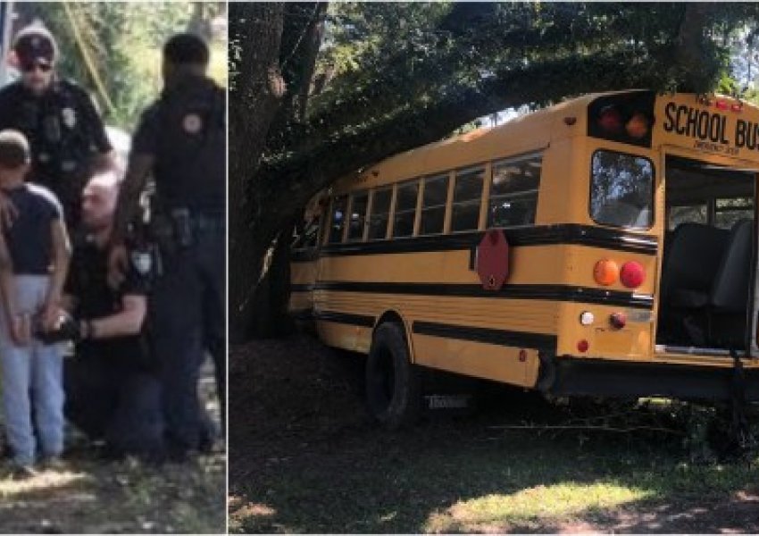FOTO/ Rrëmben autobusin e shkollës dhe e përplas me pemën, i mituri ndiqet nga policia për 30 minuta 