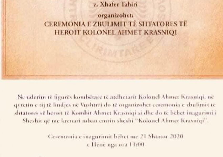 Vushtrrisë i kthehet në bronz, kolonel Ahmet Krasniqi