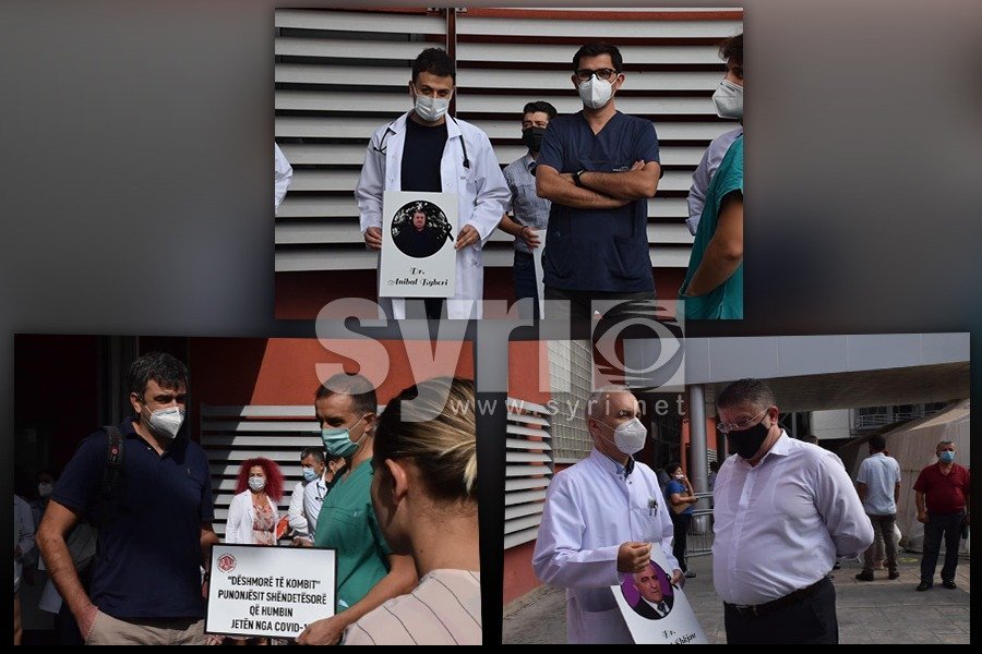 FOTOLAJM/ Mjekët në protestë me fotot e kolegëve që vdiqën nga Covid-19