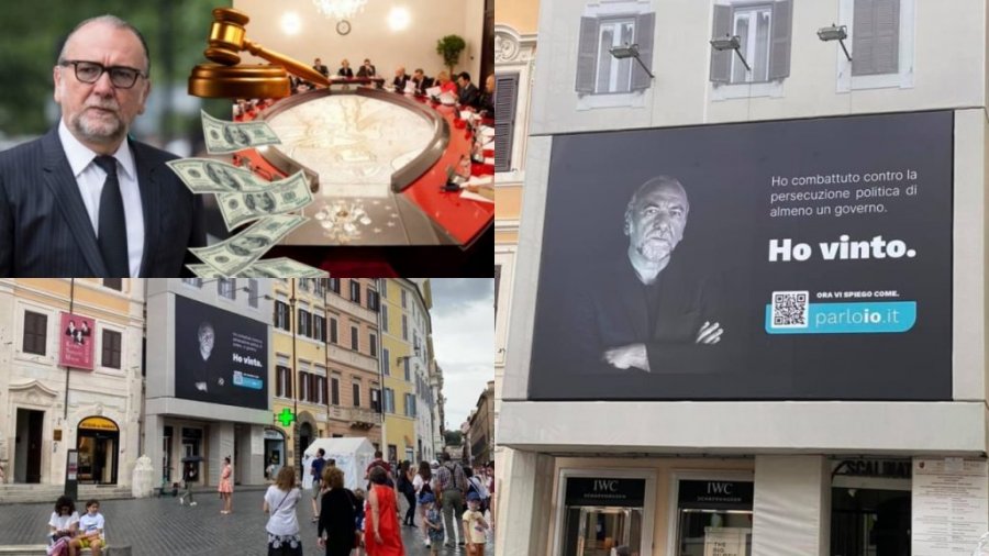 Becchetti reklamon fitoren ndaj Shqipërisë me një banderolë gjigande ne? mes te? Rome?s