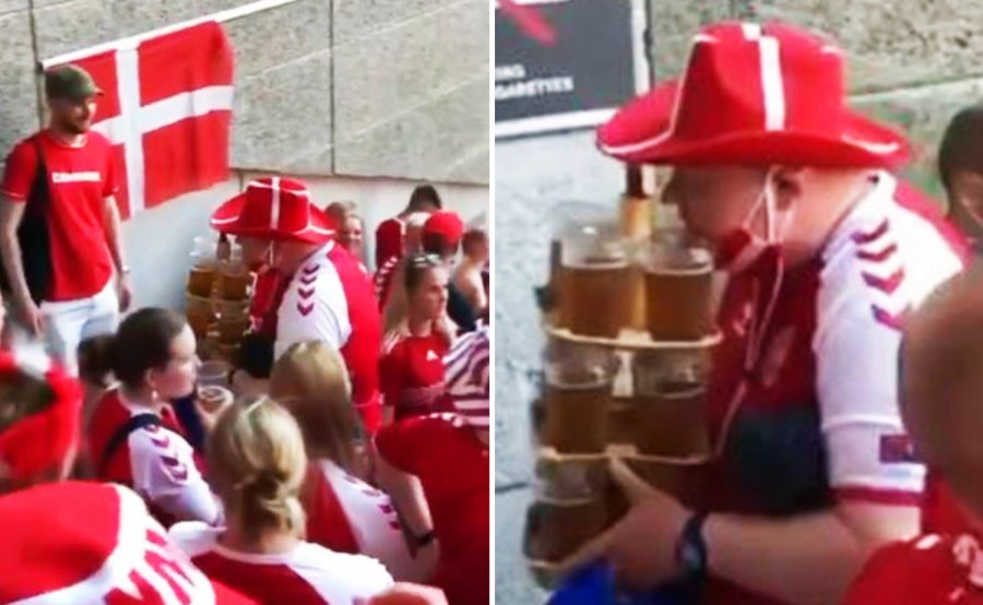 Momenti ‘heroik’ i tifozit danez/ Mbajti në dorë 12 gota me birrë dhe një ‘hot-dog’