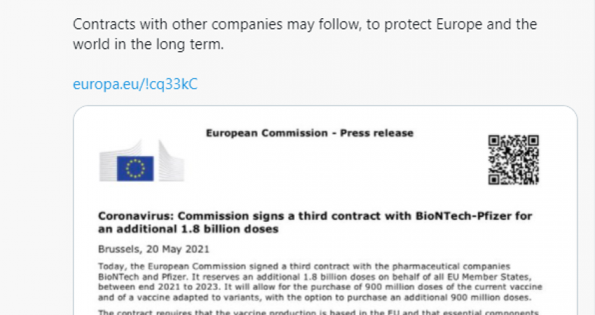 BE dhe Pfizer firmosin marrëveshje për 1.8 miliardë doza të tjera vaksinash