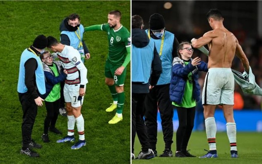 Emocionuese/ Ronaldo i dhuron fanellën tifozes së vogël që 'pushtoi' fushën në Dublin
