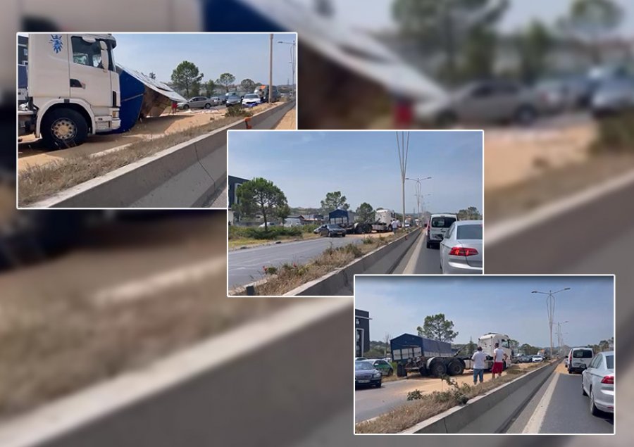 VIDEO/ Përmbyset një trajler me grurë në autostradën Tiranë-Durrës, bllokohet njëri kah i lëvizjes