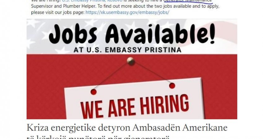 Kriza energjetike detyron Ambasadën Amerikane të kërkojë punëtorë për gjeneratorë