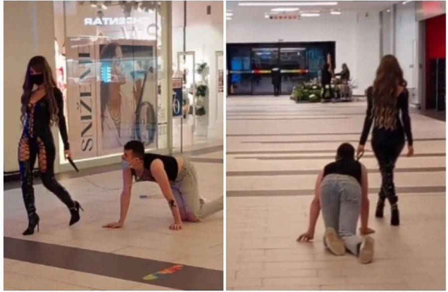 VIDEO/ Çmenduritë nuk kanë fund, gruaja shëtit burrin në qendrën tregtare të lidhur me zinxhir