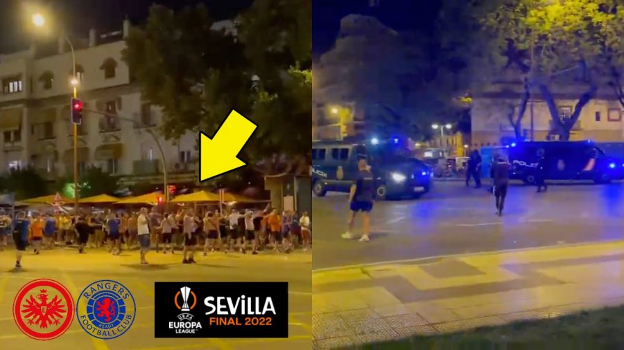 VIDEO/ Kaos para finales së Europa League, tifozët e Frankfurt dhe Rangers rrihen me karrige në rrugët e Sevillas