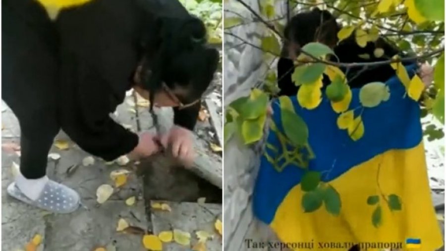 VIDEO/ Pas çlirimit të Khersonit, gruaja nxjerr flamurin ukrainas të cilin e kishte fshehur poshtë pllakave të kopshtit