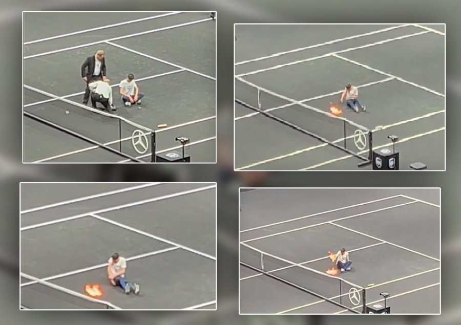 VIDEO/ Ngjarje e paprecedentë, një tifoz i vë flakën vetes në turneun e tenisit në nder të Federer