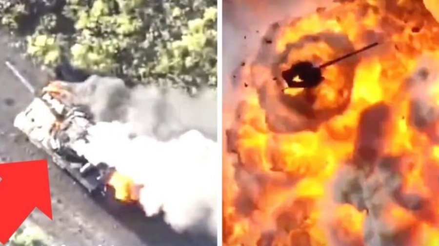 Ukrainasit shkatërrojnë tankun rus me dron kamikaz, ai bëhet ‘copë-copë’ kur municioni që ishte brenda përfshihet nga zjarri