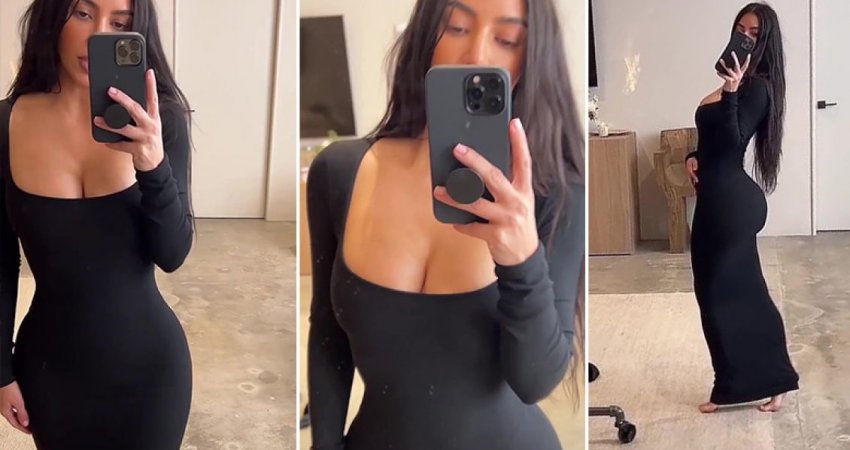 Kim Kardashian thekson linjat e trupit në një fustan të zi nga koleksioni i saj më i fundit