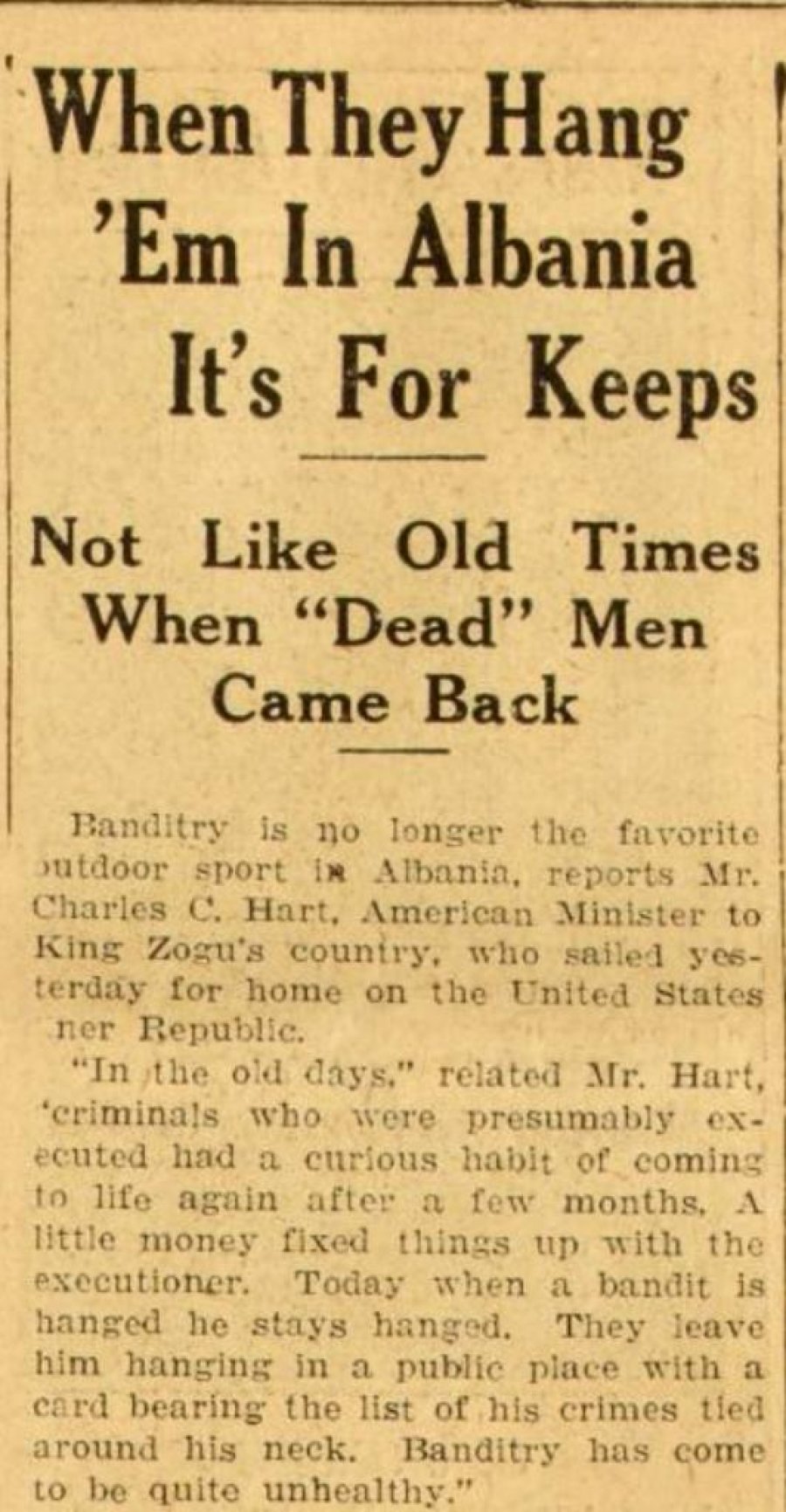 Në 1929: Kur i varin në Shqipëri, ndodh me të vërtetë - Jo si në kohët e vjetra, kur 'të vdekurit' ktheheshin