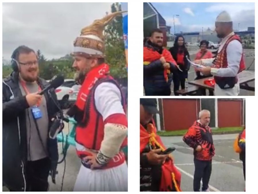 FOTO/ Me veshje popullore dhe përkrenaren e Skënderbeut, tifozët shqiptarë pushtojnë edhe Ishujt Faroe 