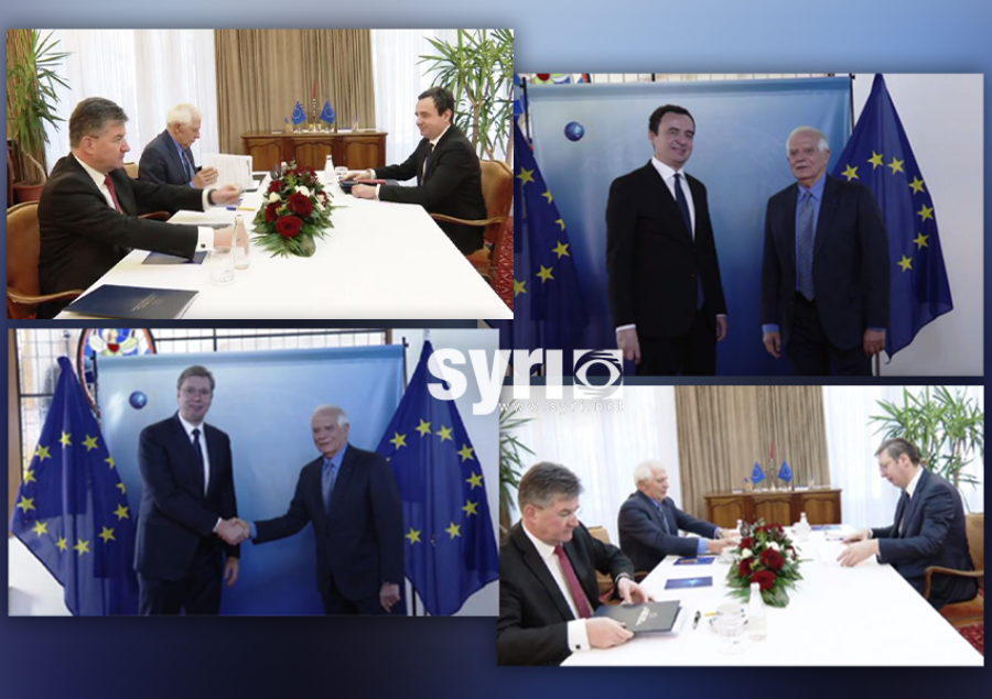 FOTO/ Takimi Kosovë-Serbi: Josep Borrell i pret Kurtin e Vuçiçin vetëm me flamuj të BE
