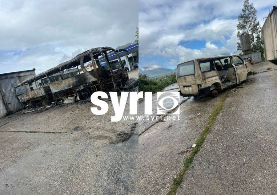 FOTO/ Digjet autobusi dhe furgoni në Delvinë, policia nis hetimet
