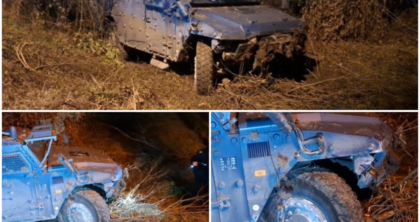 Pamje nga vendi i ngjarjes ku u vetaksidentua autoblinda e Policisë së Kosovës në veri