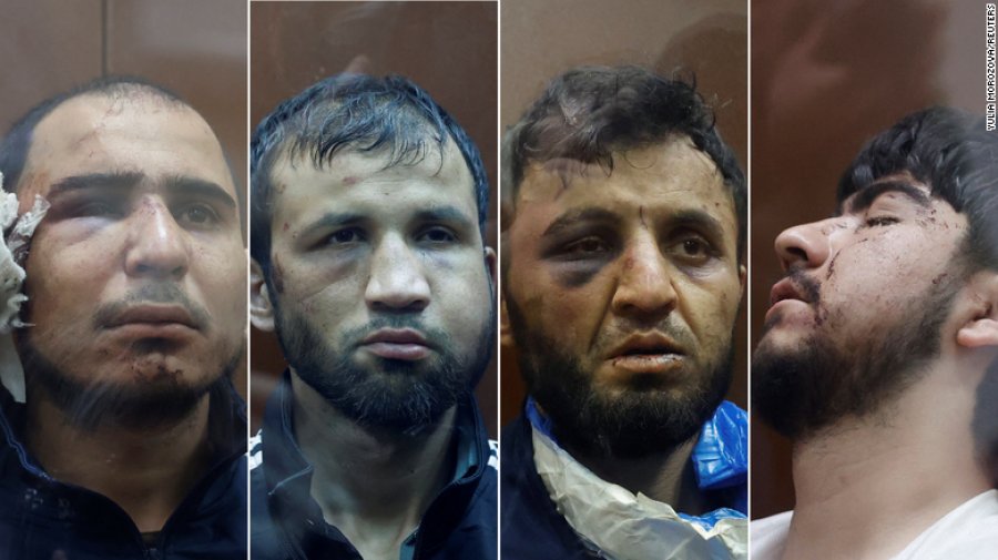 VIDEO/ Katër burra të mavijosur dhe të gjakosur para gjyqit për masakrën në Moskë