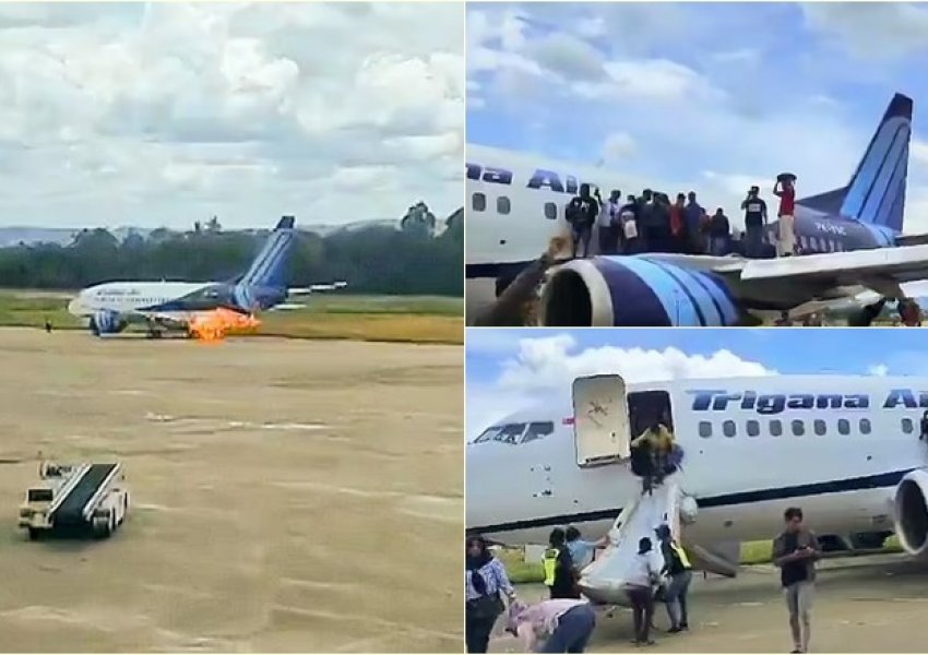 Flakët dalin nga motori i një aeroplani në një aeroport në Indonezi, pasagjerët e tmerruar ‘u hodhën’ nga daljet e emergjencës