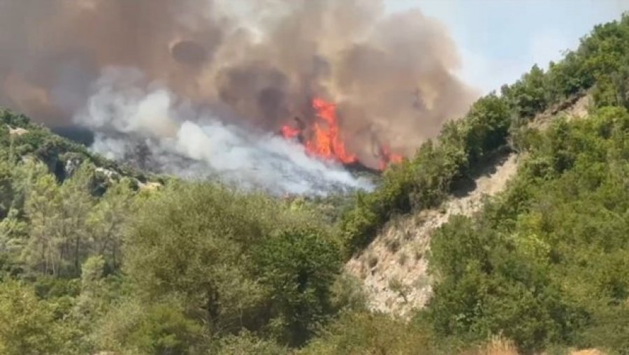 Vatra e zjarrit ende aktive te 'Syri i Kaltër' në Sarandë, flakët përhapen me shpejtësi nga era