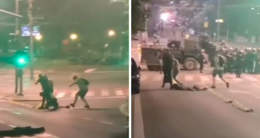 Policët në Beograd e tërheqin zvarrë një të ri përgjatë rrugës, njëri prej tyre e godet në shpinë me shkop gome