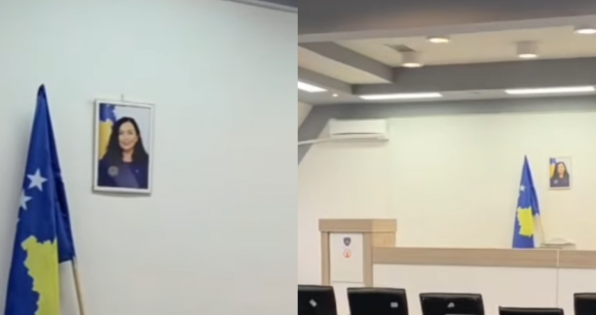 Flamuri i Kosovës e fotografia e Presidentes në sallën ku Lista Serbe e kthen pushtetin në Zveçan