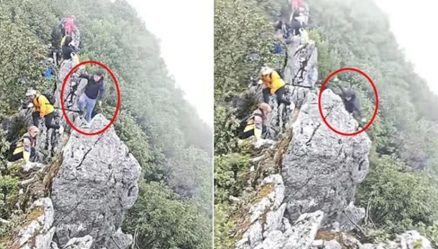 Momenti kur alpinisti në Kinë bie nga shkëmbi teksa përpiqej të bënte një foto