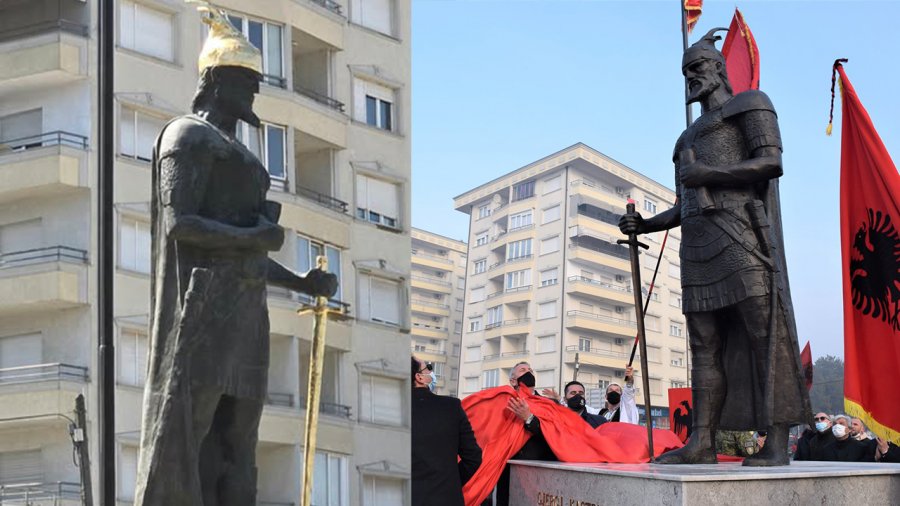 Skandal në Prizren/ Përdhoset shtatorja e Skënderbeut, ngjyrosen me të verdhë ari përkrenarja dhe shpata e heroit kombëtar