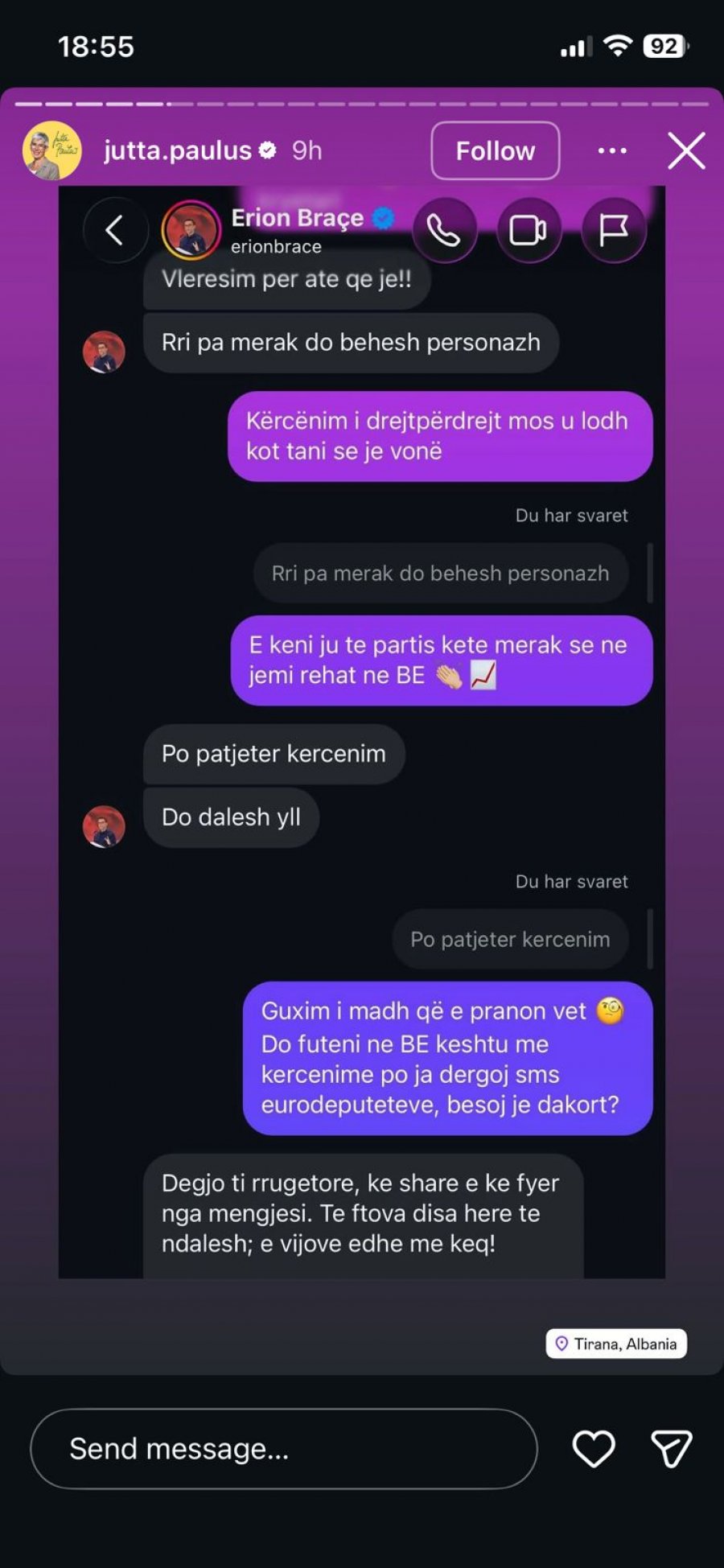  Ti dhe rraca jote   Eurodeputetja gjermane publikon mesazhet e Erion Braçes  si kërcënon aktivistet