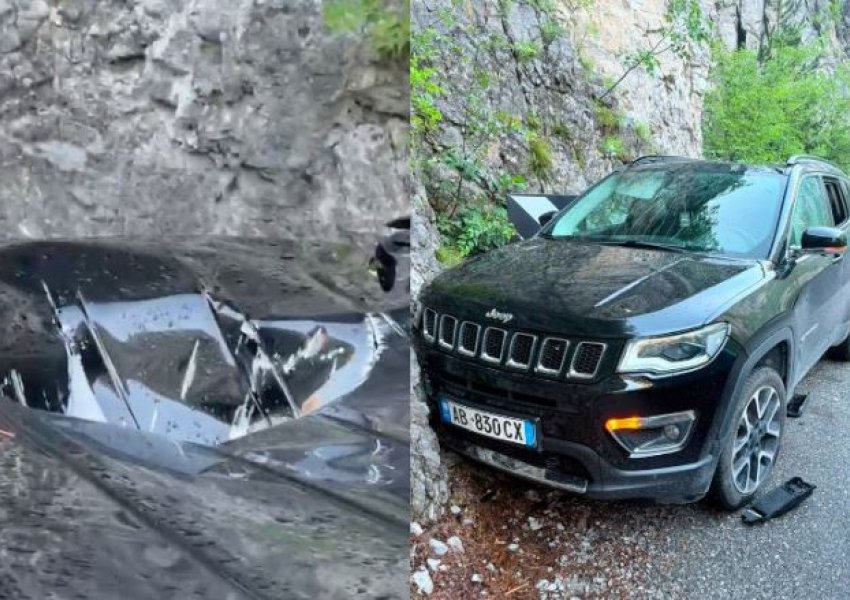 Guri masiv bie mbi një makinë plot me turistë në rrugën e Dukagjinit
