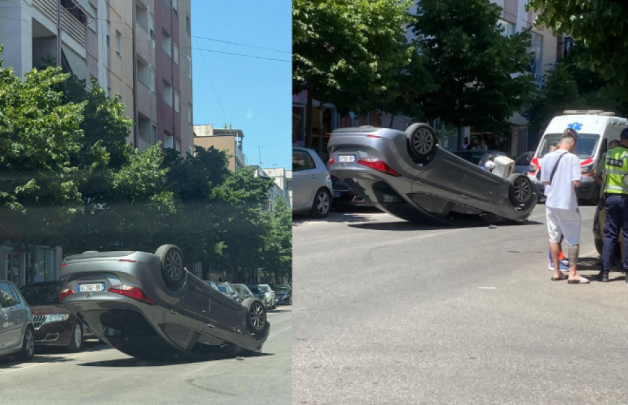 Aksident në Durrës  makina kthehet përmbys në mes të rrugës