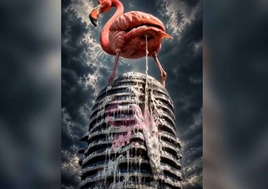 VIDEOLAJM/ Flamingoja lëshon gla*ën mbi kullën me kokën e Ramës